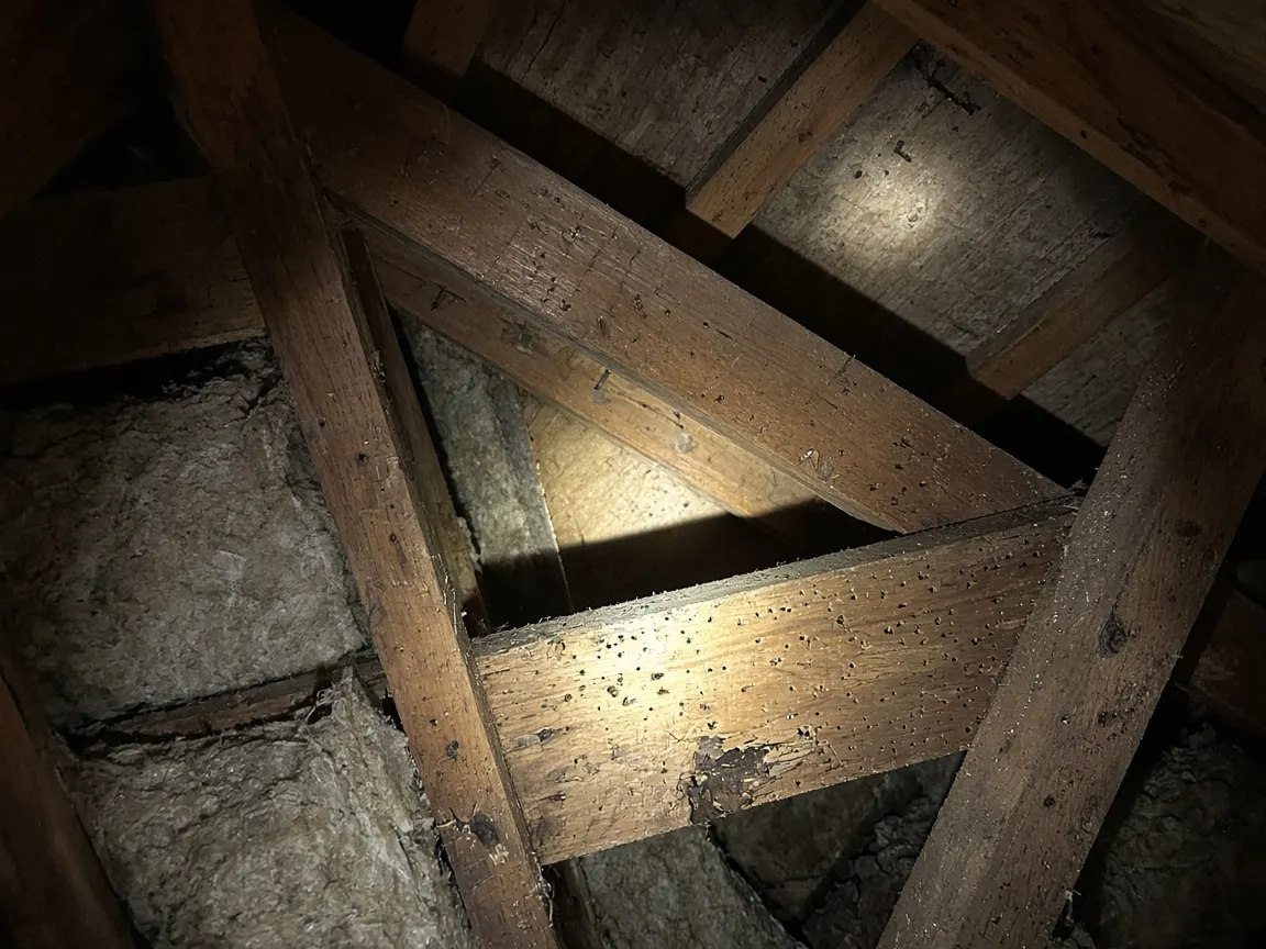 Flashlight beam on old attic rafters with small holes and damaged wood next to insulation