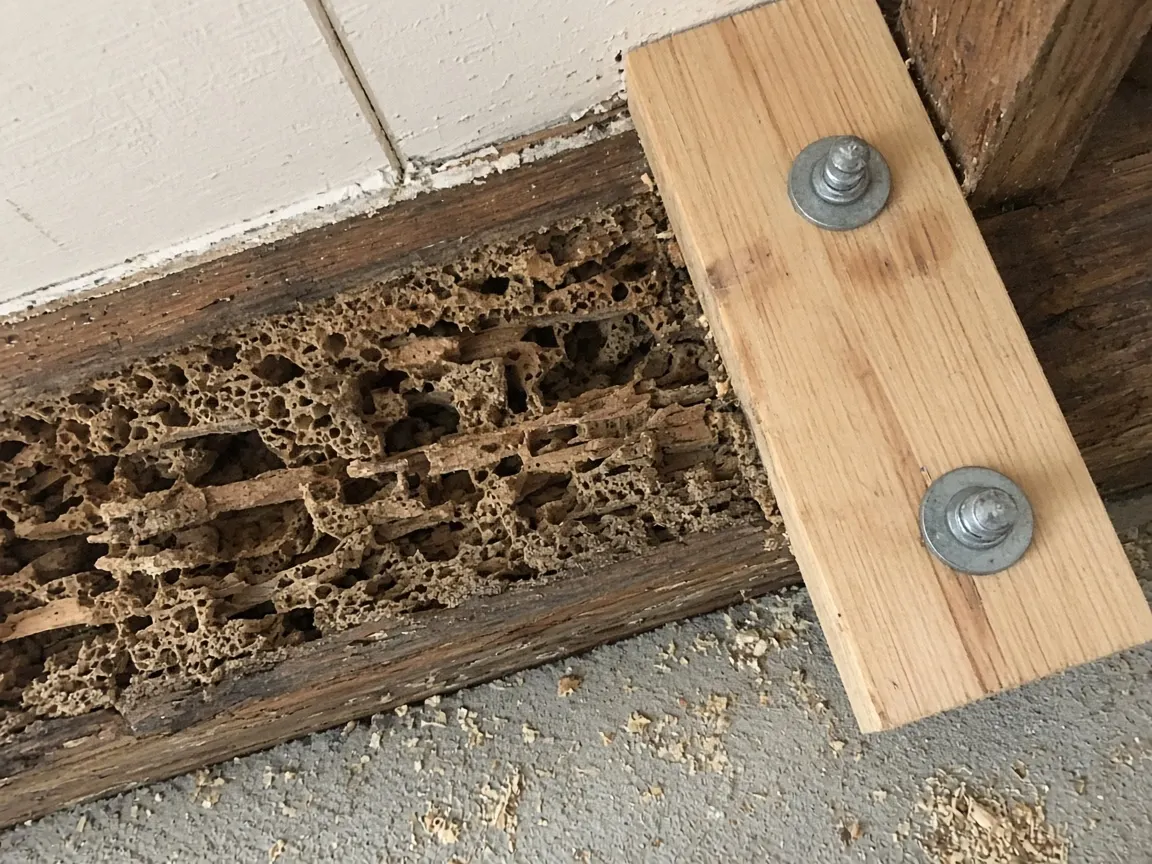 Termite-damaged honeycombed wooden beam next to a new board bolted alongside it